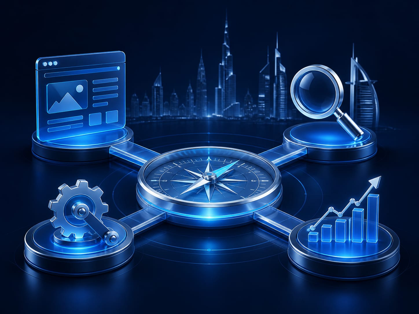 Website, SEO, automation and business growth strategy connected around a commercial compass